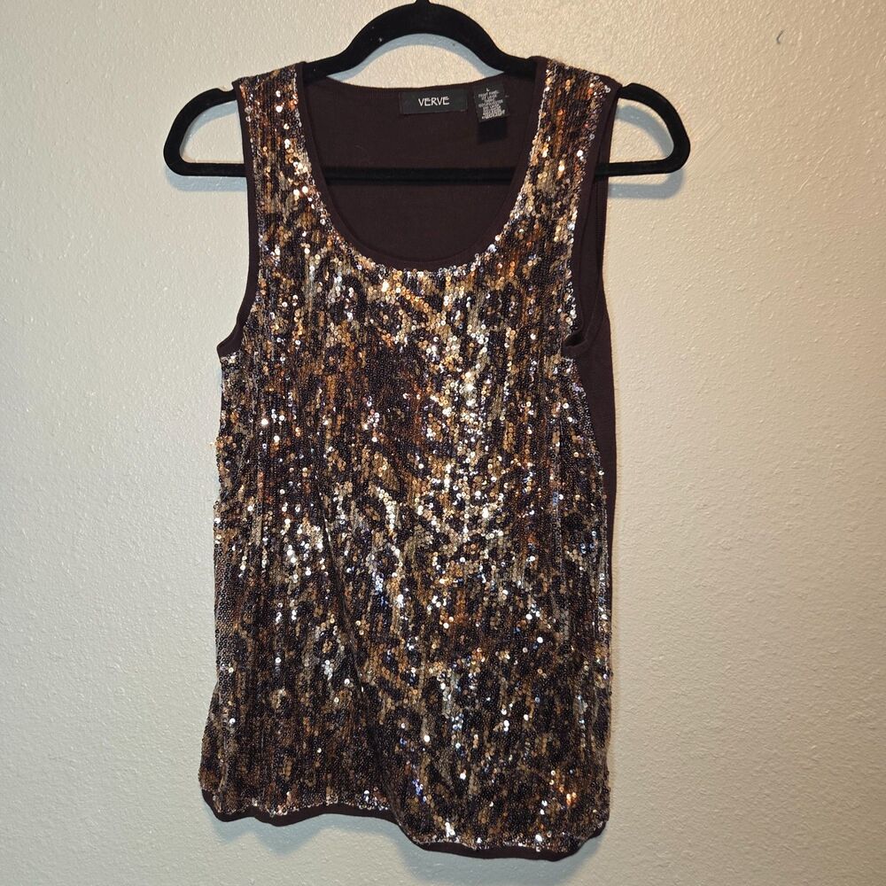 Verve Sequin Tank Top Large Womens Brown Bronze Sparkle Party Clubwear Y2K Glam